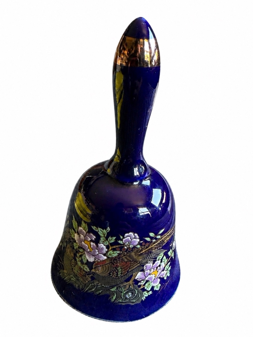 Vintage Cobalt Blue Porcelain Bell w/Bird and Floral Design-Asian Kutani Style